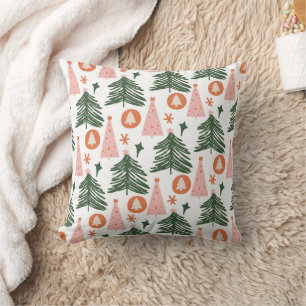 Boho Green Pink Orange Rustic Christmas Trees Cushion