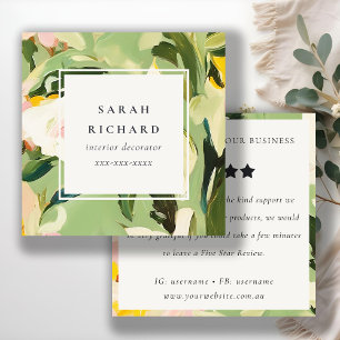 Boho Green Pink Painted Floral Review Request Square Business Card