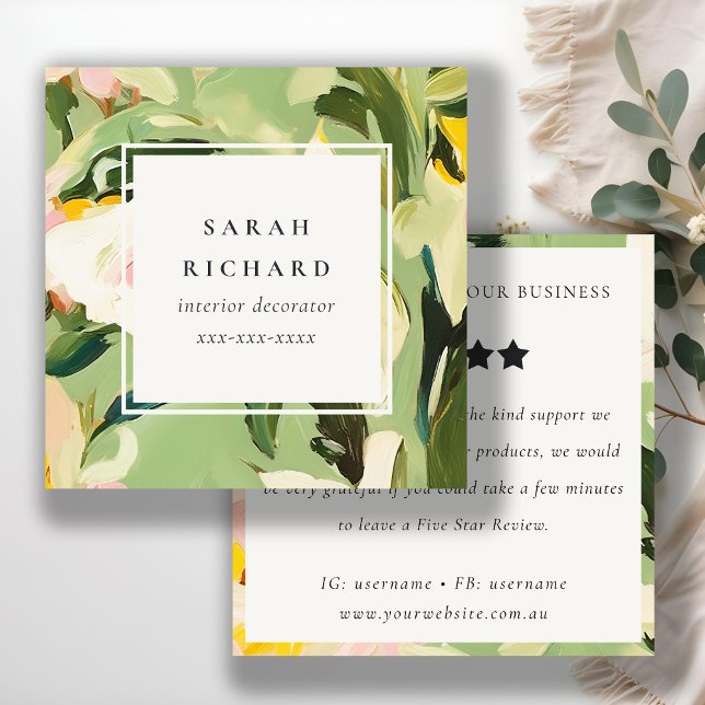 Boho Green Pink Painted Floral Review Request Square Business Card (Creator Uploaded)