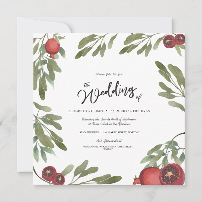 Boho Green Pomegranate  Leaves Modern Botanical Invitation (Front)