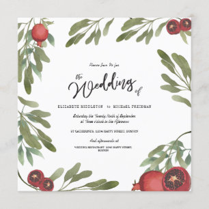 Boho Green Pomegranate  Leaves Modern Botanical Invitation