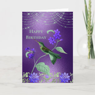 Boho Green Purple Hummingbird Floral Birthday Card