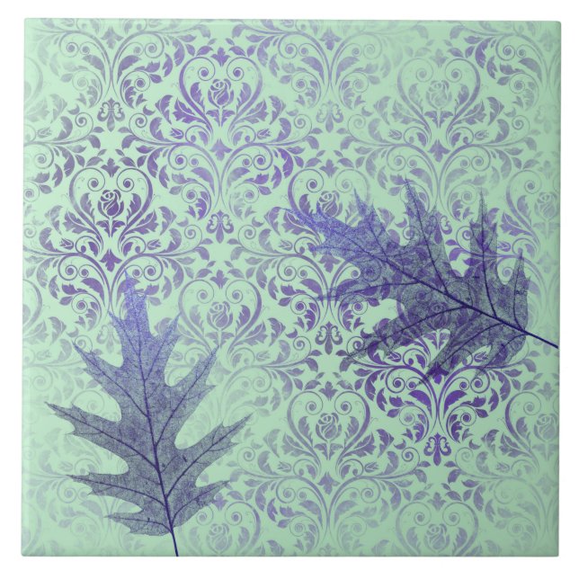 Boho Green Purple Leaves Ceramic Tile (Front)