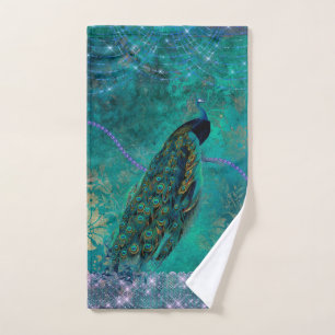 Boho Green Purple Peacock Watercolor Hand Towel