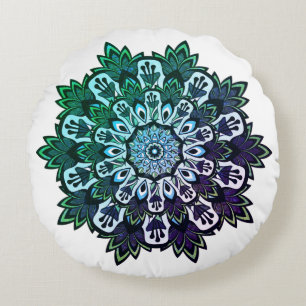 Boho Green Purple Tropical Leaf Mandala Round Cushion
