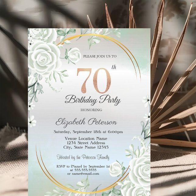 Boho Green Roses Silver 70th Birthday  Invitation (Creator Uploaded)