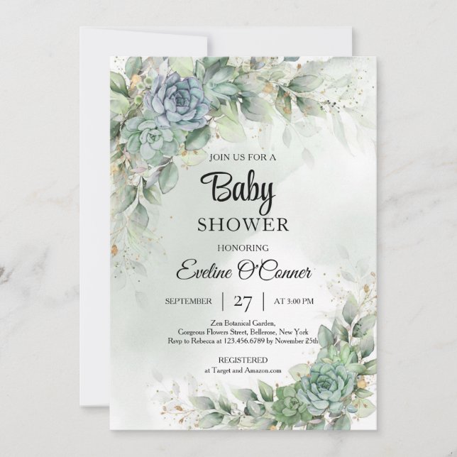 Boho green succulents and eucalyptus greenery  invitation (Front)