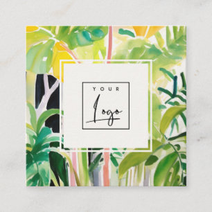 Boho Green Tropical Leafy Foliage Botanical Logo Square Business Card