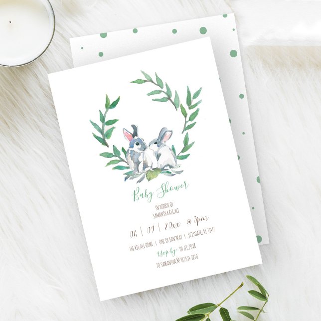 Boho Green Watercolor Bunny Baby Shower Invitation (Baby shower invitation woodland bunny rabbit watercolor art by Victoria Grigaliunas)
