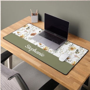 Boho Green Watercolor Wildflower Monogram Name Desk Mat