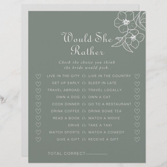 Boho Green Would She Rather Bridal Shower Game (Front/Back)