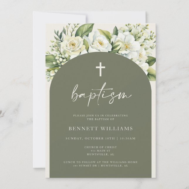 Boho Greenery and Flowers Baptism Invitation (Front)
