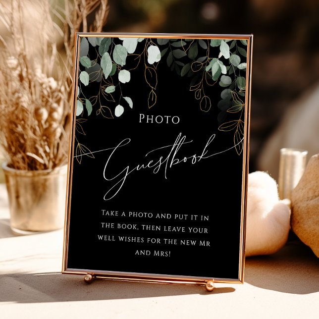 Boho Greenery and Gold Black Photo Guest Book Sign (Creator Uploaded)