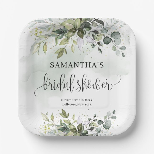 Boho greenery and gold Bridal Shower plates (Front)