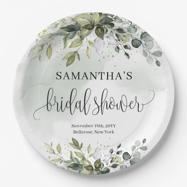 Boho greenery and gold Bridal Shower plates (Front)