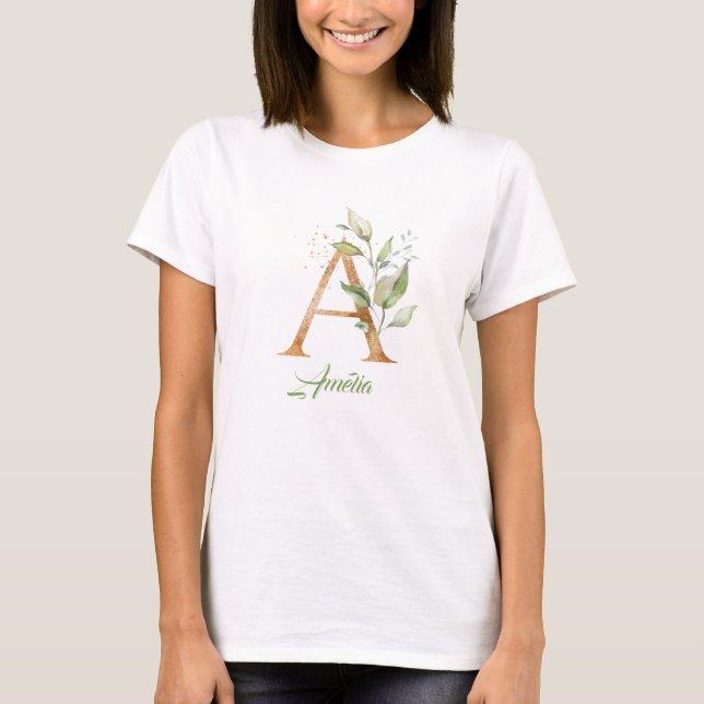 Boho greenery and gold foliage A monogram T-Shirt (Front)