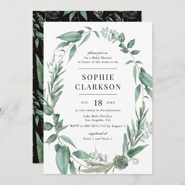 Boho Greenery and Succulents Wreath Baby Shower Invitation (Front/Back)