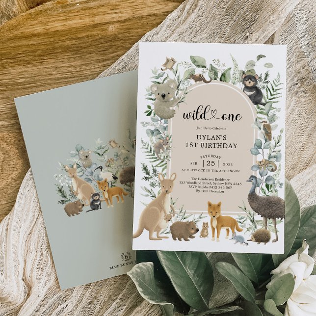 Boho Greenery Australian Animals Wild One Birthday Invitation (Creator Uploaded)
