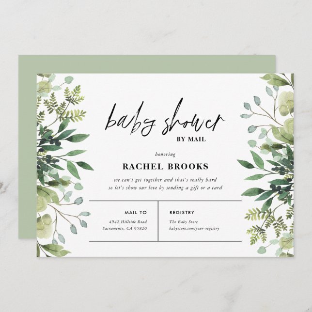 Boho Greenery Baby Shower by Mail Invitation (Front/Back)