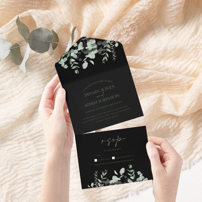 Boho Greenery Black Eucalyptus Wedding All In One Invitation (Creator Uploaded)