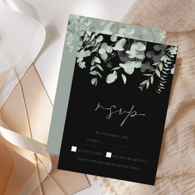 Boho Greenery Black Eucalyptus Wedding RSVP Card (Creator Uploaded)