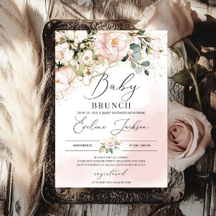 Boho greenery blush pink floral gold baby brunch invitation