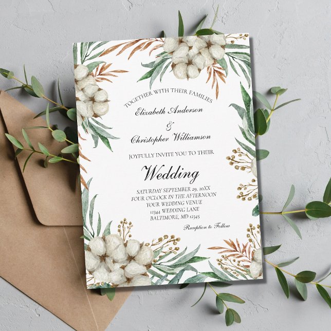 Boho Greenery  Botanical Green White Wedding  Invitation (Creator Uploaded)