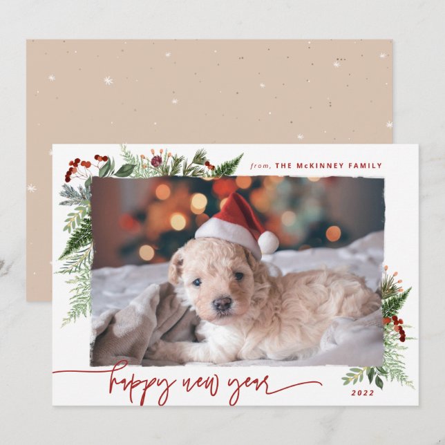 Boho Greenery Burgundy Beige 2022 New Year Holiday Card (Front/Back)