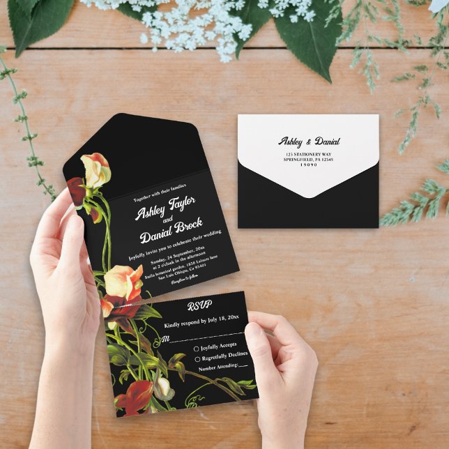 Boho Greenery Burgundy Roses Black Floral Wedding All In One Invitation (Creator Uploaded)