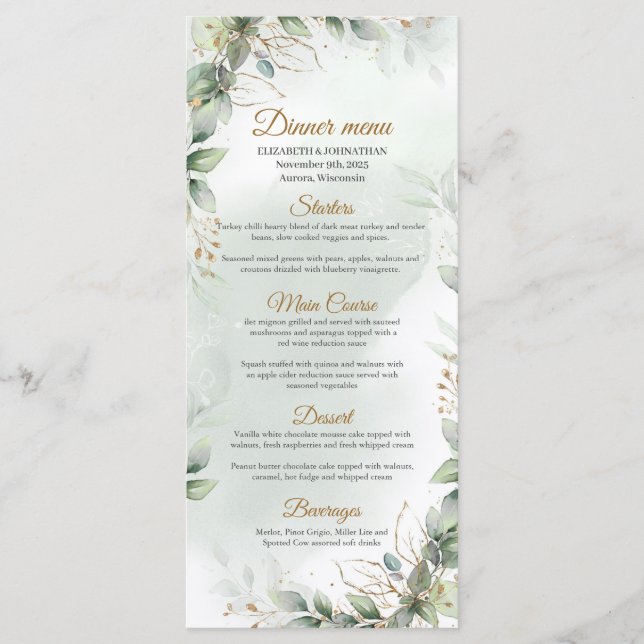 Boho greenery eucalyptus foliage gold frame menu (Front)