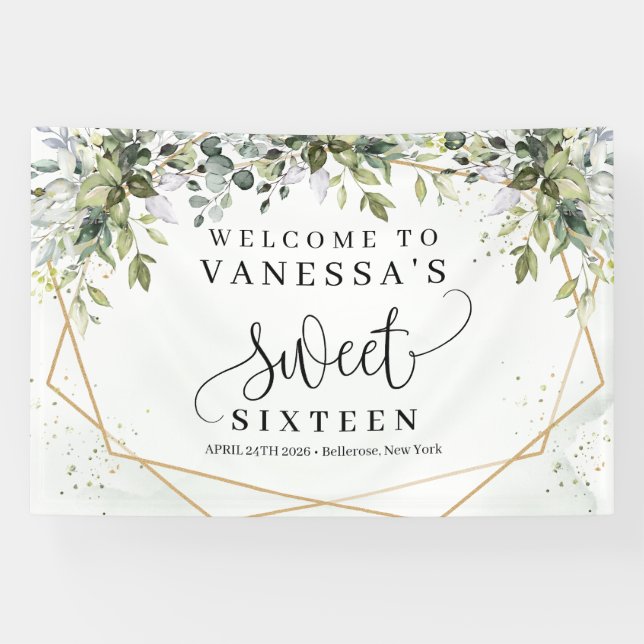 Boho greenery eucalyptus foliage gold sweet 16 banner (Horizontal)