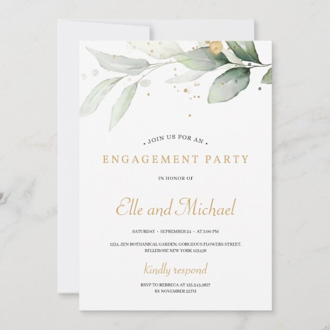 Boho greenery eucalyptus gold splashes engagement invitation (Front)