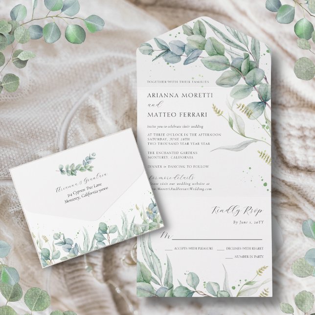 Boho Greenery Eucalyptus Leaves Wedding All In One Invitation (Creator Uploaded)