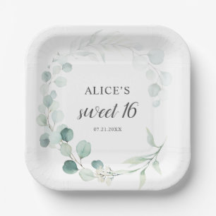 Boho Greenery Eucalyptus Sweet 16 Paper Plate