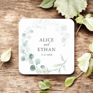 Boho Greenery Eucalyptus Wedding Square Paper Coaster