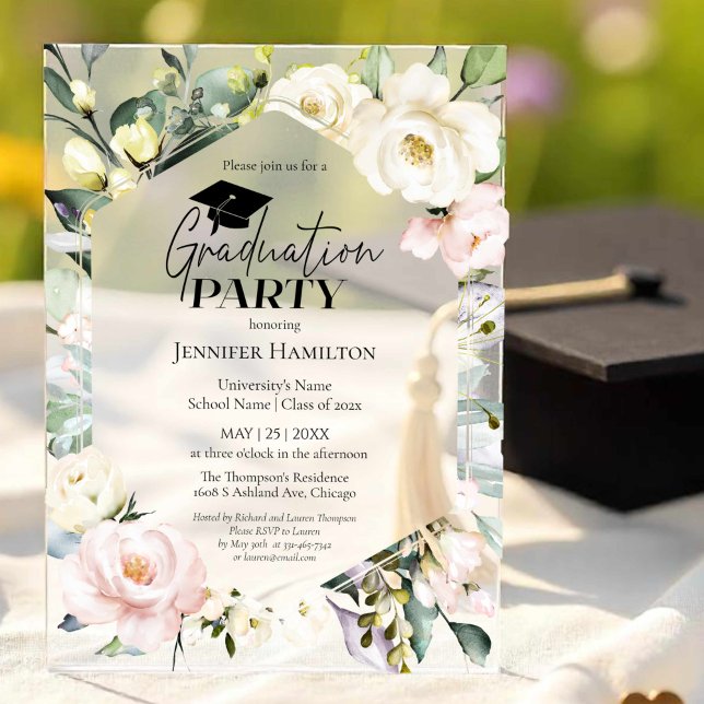 Boho Greenery Floral Frame Graduation Party Acrylic Invitations (Creator Uploaded)