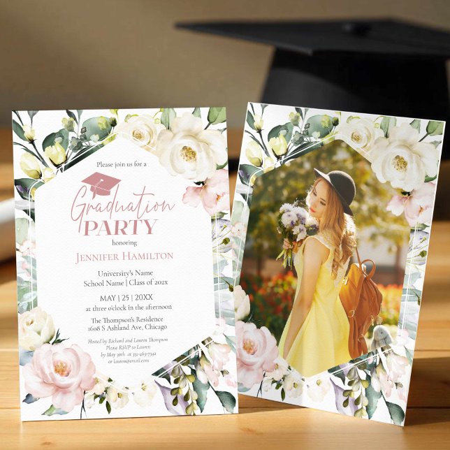 Boho Greenery Floral Frame Photo Graduation Party Invitation (Creator Uploaded)