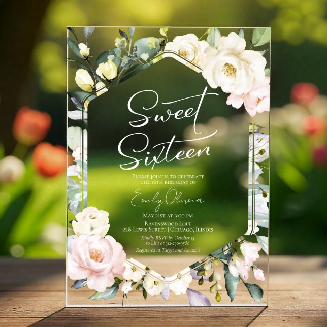 Boho Greenery Floral Frame Sweet 16 Acrylic Invitations (Creator Uploaded)