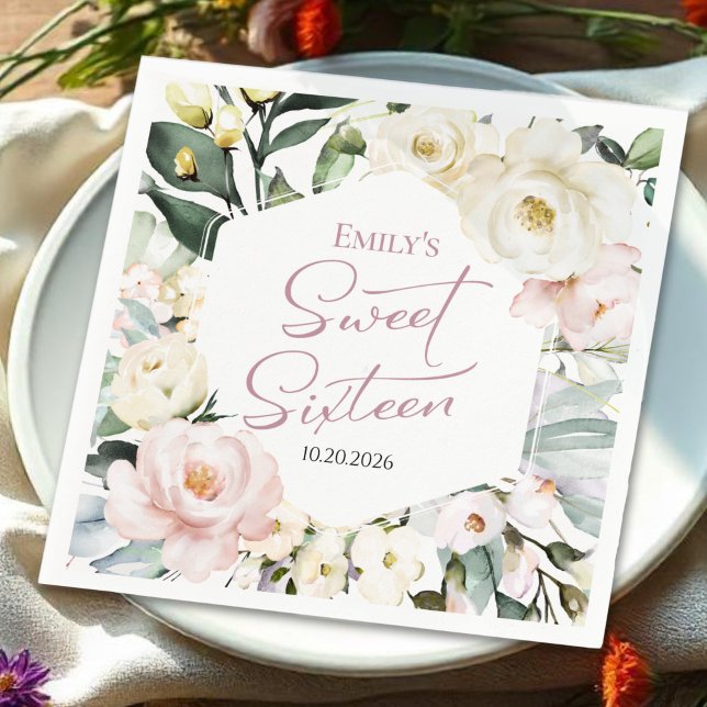 Boho Greenery Floral Frame Sweet 16 Napkin (Creator Uploaded)