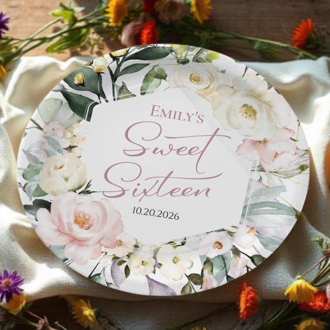 Boho Greenery Floral Frame Sweet 16 Paper Plate (Creator Uploaded)