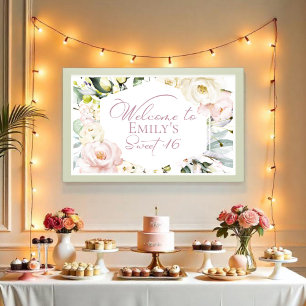 Boho Greenery Floral Frame Sweet 16 Welcome Banner Poster
