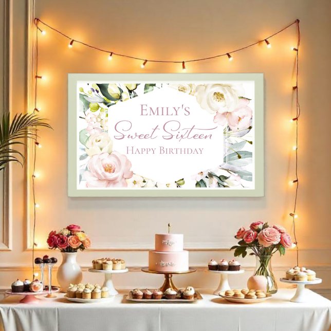 Boho Greenery Floral Frame Sweet Sixteen Banner Poster (Creator Uploaded)