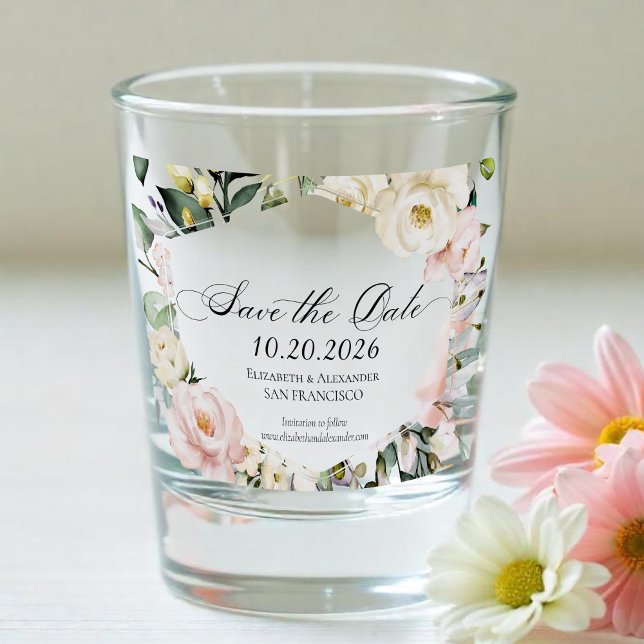 Boho Greenery Floral Frame Wedding Shot Glass (Creator Uploaded)
