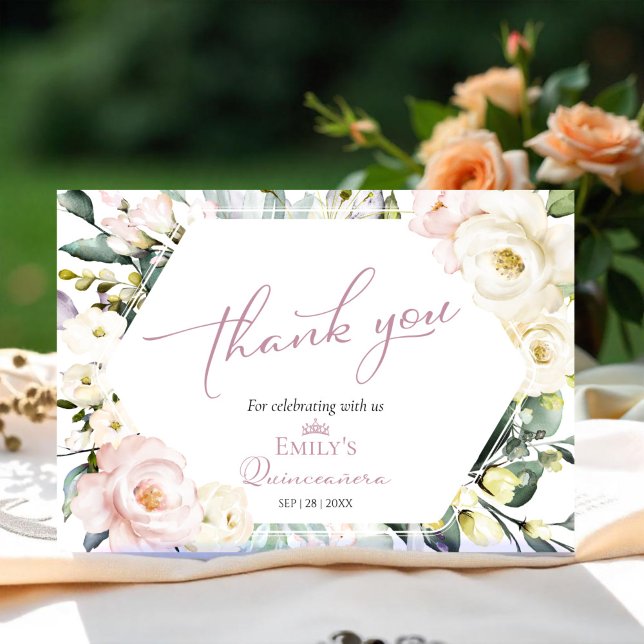Boho Greenery Floral Quinceañera Thank You Cards (Creator Uploaded)