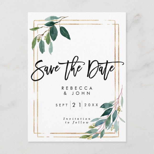 boho greenery floral wedding save the date card (Front)