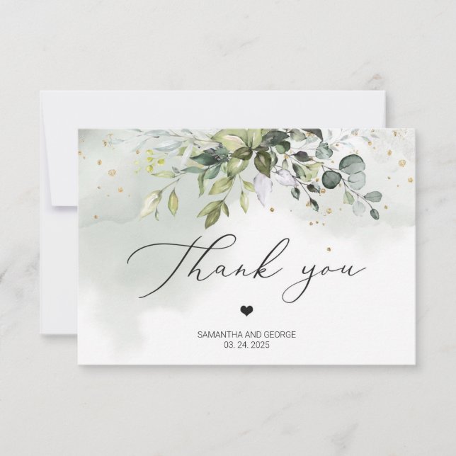 Boho greenery foliage eucalyptus leaves gold thank you card (Front)