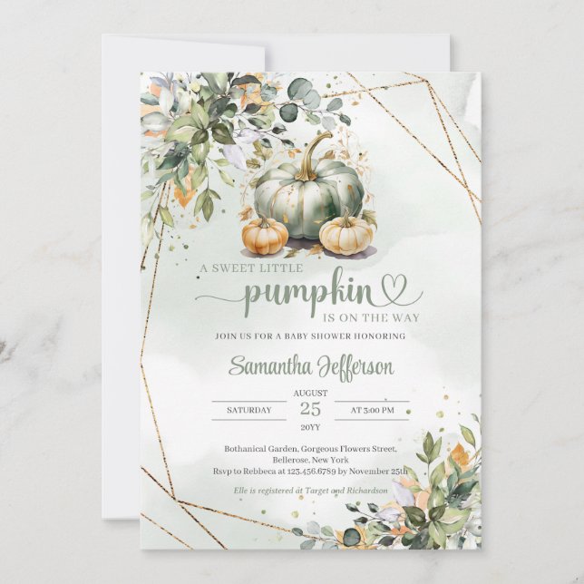 Boho greenery foliage fall leaves green pumpkin invitation (Front)