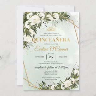 Boho Greenery foliage gold crown Quinceañera Invitation