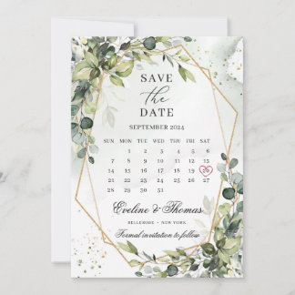 Boho greenery foliage gold frame month calendar save the date
