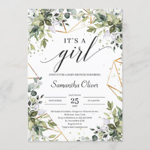 Boho greenery foliage gold it's a girl baby shower invitation